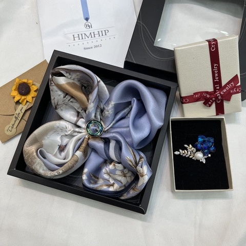 Set Quà Himhip Khăn Lụa Cao Cấp 65*65cm & Cài Khăn, Cài Áo Kèm Túi Hộp Thiệp - 03