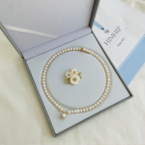 Set Trang Sức HimHip Trai Thật Vòng Cổ 43.5cm, Cài Áo Cúc Họa Mi 3x3.5cm Sang Trọng