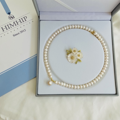 Set Trang Sức HimHip Trai Thật Vòng Cổ 43.5cm, Cài Áo Cúc Họa Mi 3x3.5cm Sang Trọng