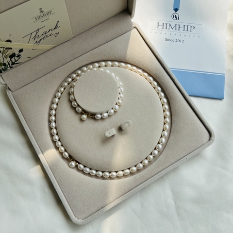 [Thiết kế] Set Trang Sức Lắc Tay Vòng Cổ Ngọc Trai Thật Dáng Thả Thanh Lịch 7ly (Kèm Túi Hộp)