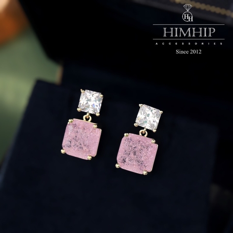 Khuyên Tai Ngắn HimHip Mặt Vuông Nhiều Màu Sang Trọng HKCC Đính Phale 1x1.9cm