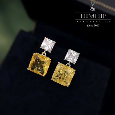 Khuyên Tai Ngắn HimHip Mặt Vuông Nhiều Màu Sang Trọng HKCC Đính Phale 1x1.9cm