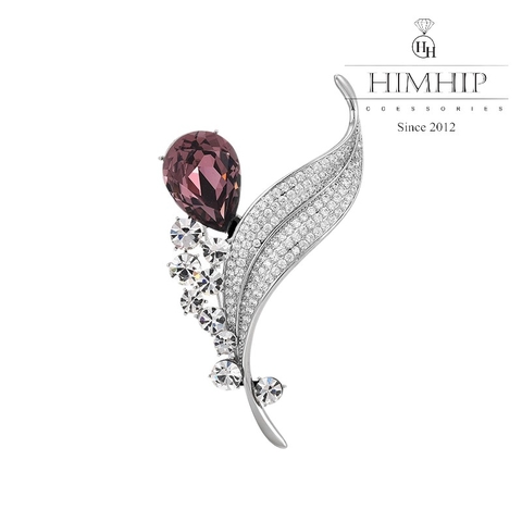 Trâm, Ghim Cài Áo HimHip Hình Lá Sang Trọng HKCC Đính Phale Tím 4*6cm