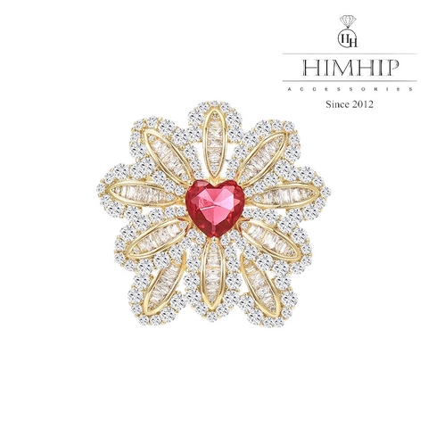 Trâm, Ghim Cài Áo HimHip Hoa Nhụy Đỏ Trái Tim Thanh Lịch Đính Phale 3,6*3,5cm