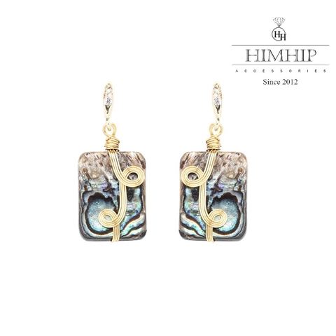 Khuyên Tai Ngắn HimHip Hình Chữ Nhật Họa Tiết Xoắn Sang Trọng HKCC Mix Khảm Trai 3x1.2cm