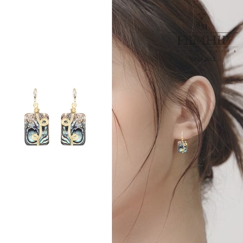 Khuyên Tai Ngắn HimHip Hình Chữ Nhật Họa Tiết Xoắn Sang Trọng HKCC Mix Khảm Trai 3x1.2cm