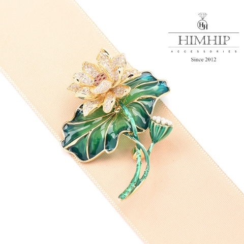 Trâm, Ghim Cài Áo HimHip Hoa Sen Xanh Sang Trọng HKCC Đính Phale 6*5cm HPBD
