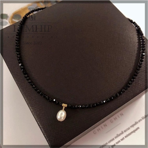 [Thiết Kế Độc Quyền] Choker HIMHIP Đá Đen 2ly Mix Trai Thật Sang Trọng 32+7cm