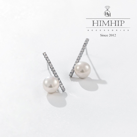 Khuyên Tai Ngắn HimHip Chữ L Thanh Lịch HKCC Đính Phale, Ngọc Trai Thật 2x0,8cm