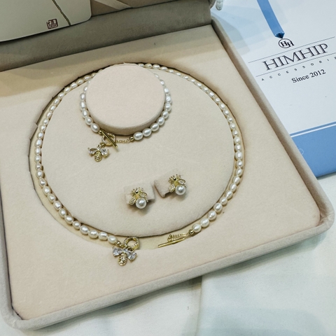 [Thiết Kế] Set Trang Sức HimHip Trai Thật Vòng Cổ 41cm, Vòng Tay 18cm, Khuyên Tai Hạt Gạo Khóa Ong Vàng Đáng Yêu