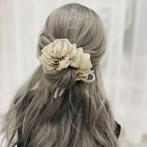 Scrunchies HimHip Phối Vải Voan Hình Hoa Hồng Thắt Nơ Thanh Lịch 13-15cm