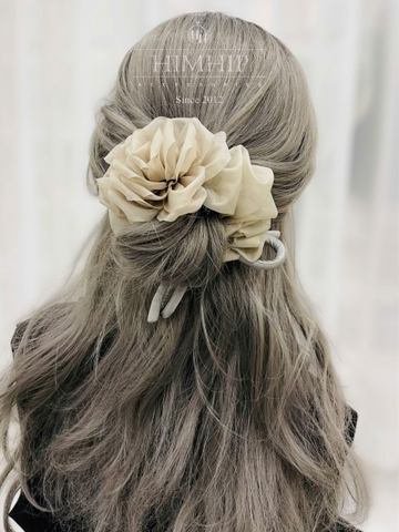 Scrunchies HimHip Phối Vải Voan Hình Hoa Hồng Thắt Nơ Thanh Lịch 13-15cm