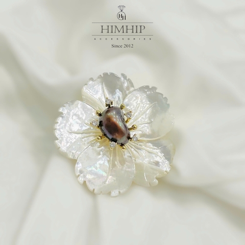 Trâm, Ghim Cài Áo Himhip Hoa Mai Khảm Trai Sang Trọng HKCC Mix Trai Tím 4cm
