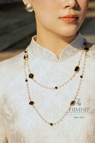 Vòng Cổ Thời Trang Himhip Hạt Giả Trai Phối Đá Đen Cổ Điển 132cm
