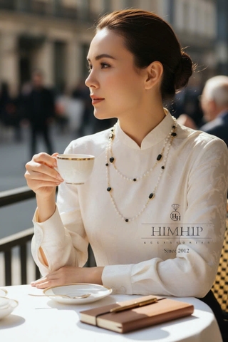 Vòng Cổ Thời Trang Himhip Hạt Giả Trai Phối Đá Đen Cổ Điển 132cm