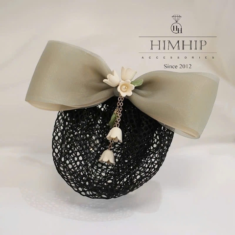 Kẹp Bối, Búi Lưới HimHip Nơ Voan Mềm Hai Lớp Gắn Chùm Hoa Chuông 12x4cm