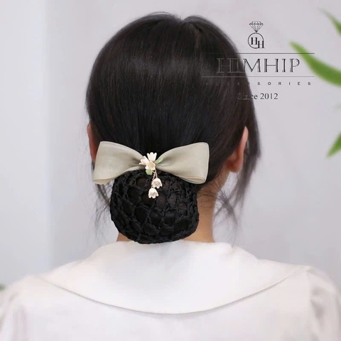 Kẹp Bối, Búi Lưới HimHip Nơ Voan Mềm Hai Lớp Gắn Chùm Hoa Chuông 12x4cm