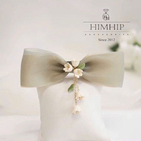 Kẹp Bối, Búi Lưới HimHip Nơ Voan Mềm Hai Lớp Gắn Chùm Hoa Chuông 12x4cm