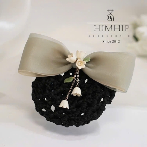 Kẹp Bối, Búi Lưới HimHip Nơ Voan Mềm Hai Lớp Gắn Chùm Hoa Chuông 12x4cm