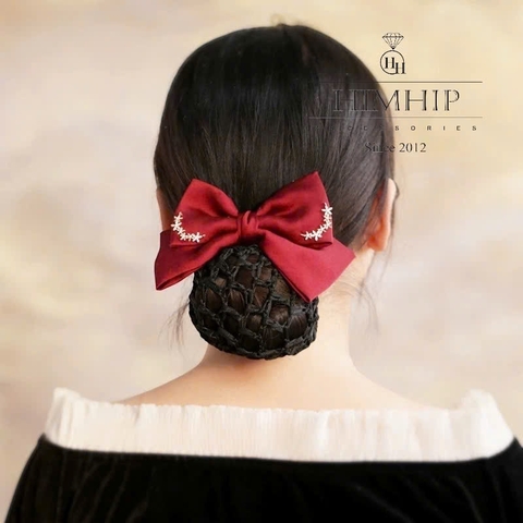 Kẹp Bối, Búi Lưới HimHip Nơ Vải Viền Hoa Kim Nhỏ Thanh Lịch 14.5x8cm