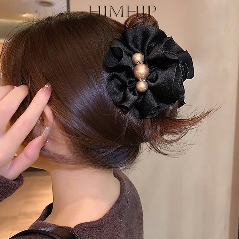 Kẹp Càng Cua HimHip Composite Vải Nơ Dập Nổi Gắn Hạt Giả Trai 9.5x7.5cm