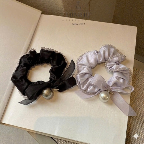 Dây Buộc Tóc HimHip Vải Nhún Viền Đá Phale Phối Nơ Voan Thanh Lịch 11cm