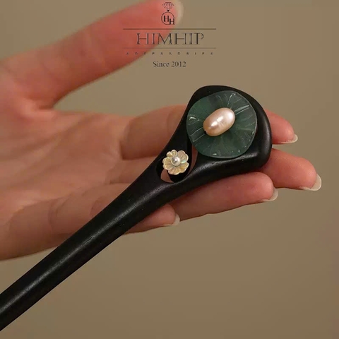 Trâm Cài Tóc HimHip Ngọc Đề Lục Lá Liên Hoa Kèm Hộp Phụ Kiện Áo Dài