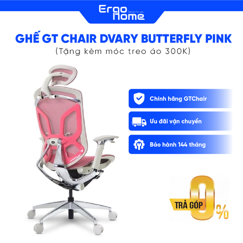 Ghế Công thái học GT Chair Dvary Butterfly Pink - Ergohome phân phối chính hãng BH 12 năm (Tặng kèm móc treo áo 300K)