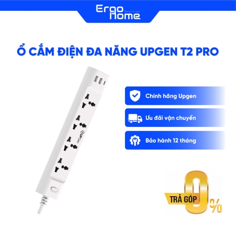 Ổ cắm điện đa năng UPGEN T2 PRO có cổng sạc USB và cổng Type C sạc nhanh 20W cho điện thoại. 4 ổ cắm chịu tải 2500W/ dây điện dài 3m BH 12 tháng
