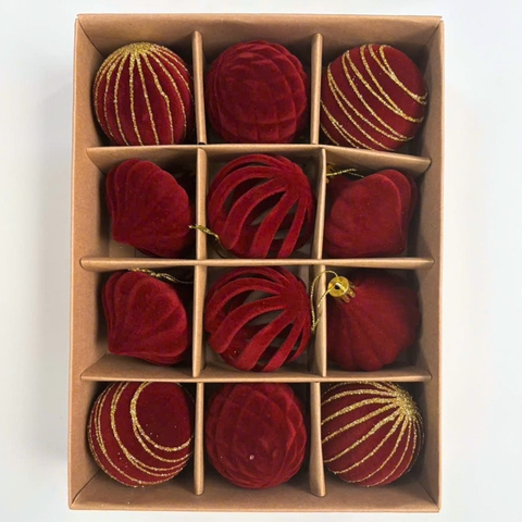 Hộp Châu Giáng Sinh - Nhung  Đỏ mix Gold - 12 Trái - 6 cm - MC