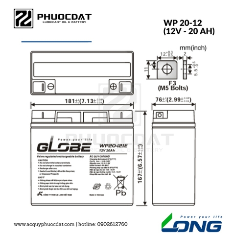 Ắc quy Long - Globe 12V 20AH WP20-12, ắc quy cho UPS, thang máy