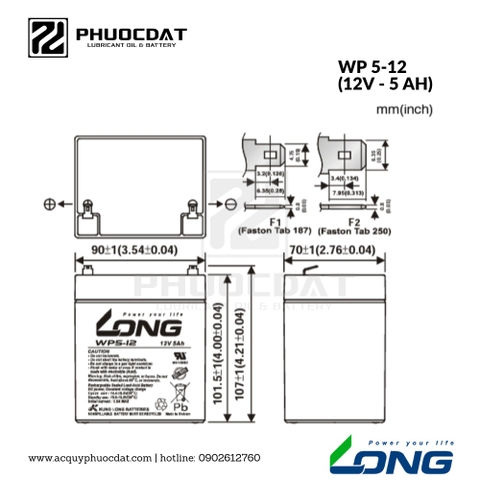 Ắc quy Long - Globe 12V 5AH WP5-12 ắc quy lưu điện, cửa cuốn, hệ thống camera, UPS