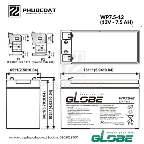 Ắc quy Long - Globe 12V 7.5AH WP7.5-12 ắc quy lưu điện, cửa cuốn, hệ thống camera, UPS