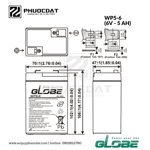 Ắc quy đèn sạc Globe WP5-6 6V-5AH