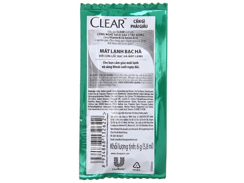Dầu gội sạch gàu Clear mát lạnh bạc hà 5.8ml x 12 gói