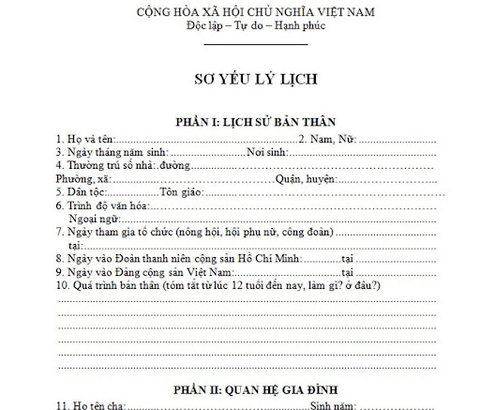 Mẫu sơ yếu lý lịch