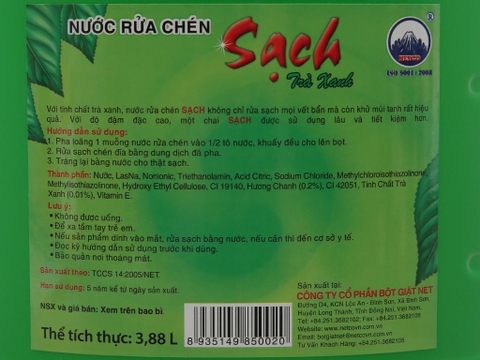 Nước rửa chén NET Sạch trà xanh can 3.88 lít