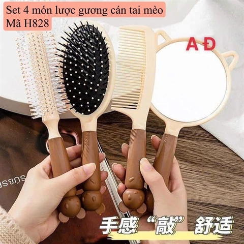 Set 4 món lược gương cán tai mèo
