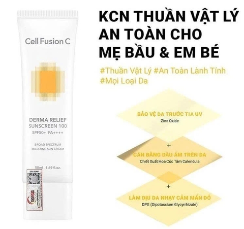 Kem chống nắng vật lý Cell Fusion C Derma Relief Sunscreen 100 SPF50+/PA++++ (Vàng mới)