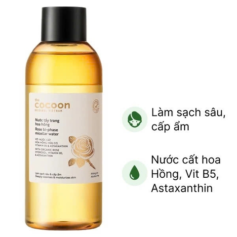 Nước tẩy trang Cocoon hoa hồng làm sạch sâu và cấp ẩm cho da chai 310ml