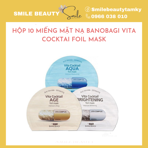 Hộp 10 miếng Mặt nạ giấy bạc Banobagi Vita Cocktail Foil Mask-Aqua (xanh)