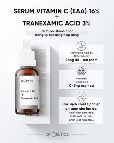 Serum DrCeutics Vitamin C 16% + Tranexamic Acid 3% 30ml giúp dưỡng trắng, mờ thâm sạm Thương