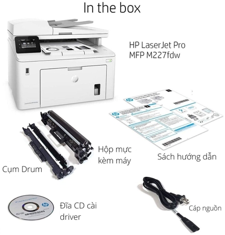 Máy in HP LaserJet Pro MFP M227fdw, A4 đen trắng, Đa chức năng, In hai mặt tự động, khay ADF, USB, Wifi, Ethernet