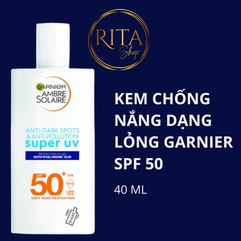 [Nội địa Anh] Kem chống nắng Garnier Ambre Solaire Spf 50 dạng lỏng chống sạm da và ô nhiễm dành cho mặt 40ml