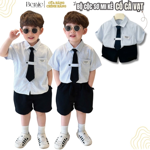 Set bộ quần áo sơ mi cộc tay cho bé trai đi tiệc đám cưới kèm cà vạt 8 đến 25kg BERNIE H1224B04