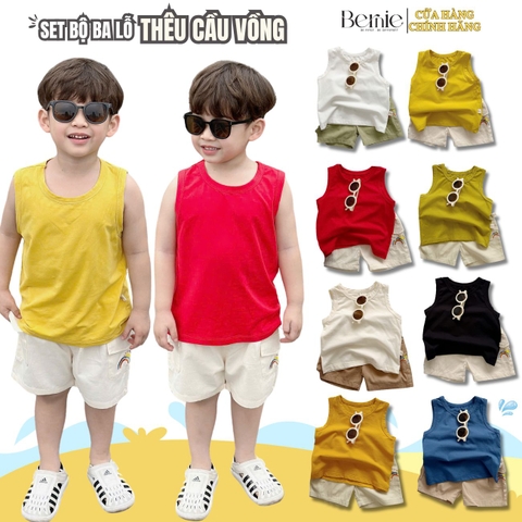 Set đồ đi chơi bé trai sành điệu đi biển phong cách hàn quốc áo thun ba lỗ trơn kèm quần kaki phối túi thêu cầu vồng 1 đến 7 tuổi BERNIE T0125B03