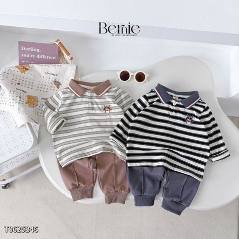 Set bộ polo tay dài kẻ ngang họa tiết thêu cáo nhỏ kèm quần dài cho bé trai size 1 đến 7 tuổi BERNIE T0625B46