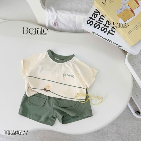Set bộ thun tay ngắn cho bé trai áo thun họa tiết Hiking màu rêu kèm quần short size 9 đến 25kg BERNIE T1124B77