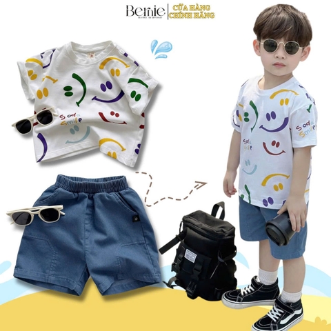 Set bộ cotton cho bé trai áo thun họa tiết Smile kèm quần short jean size 9 đến 25kg BERNIE T1124B60