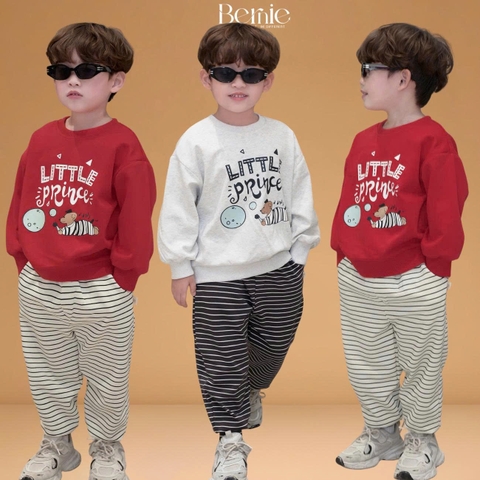 Set bộ nỉ dài tay họa tiết in chữ Little kèm quần dài kẻ ngang cho bé trai size 1 đến 7 tuổi BERNIE H0625B20